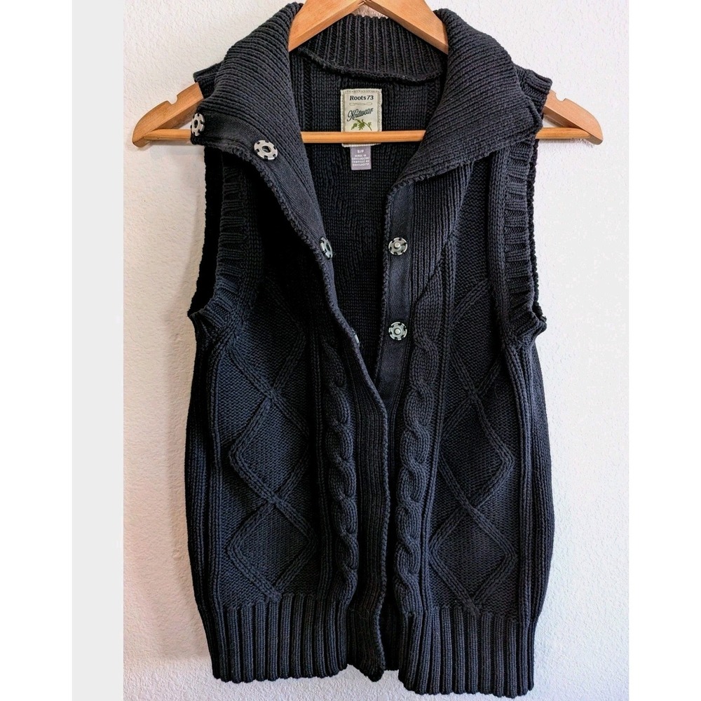 Roots 73 100% Cotton Cable Knit Sweater Vest Shawl Collar Snap Front Black S